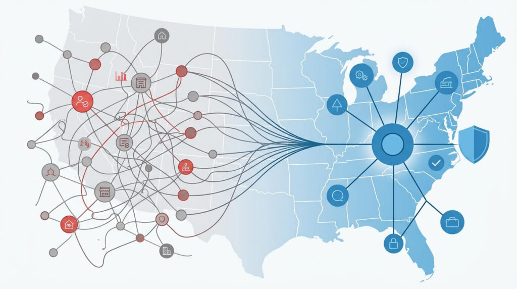 US map with fragmented vender sprawl into a controlled title partnership