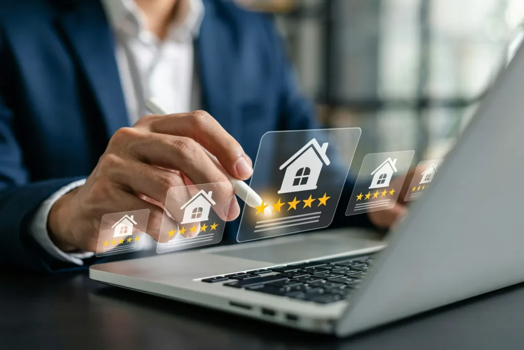 Professional using a stylus on floating digital house icons with star ratings above a laptop, representing data-driven property valuation